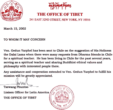 Carta de The Office of Tibet (Nueva York, 2002) confirmando el envío del Venerable Gedun Yarphel a Chile por sugerencia de S.S. el Dalái Lama