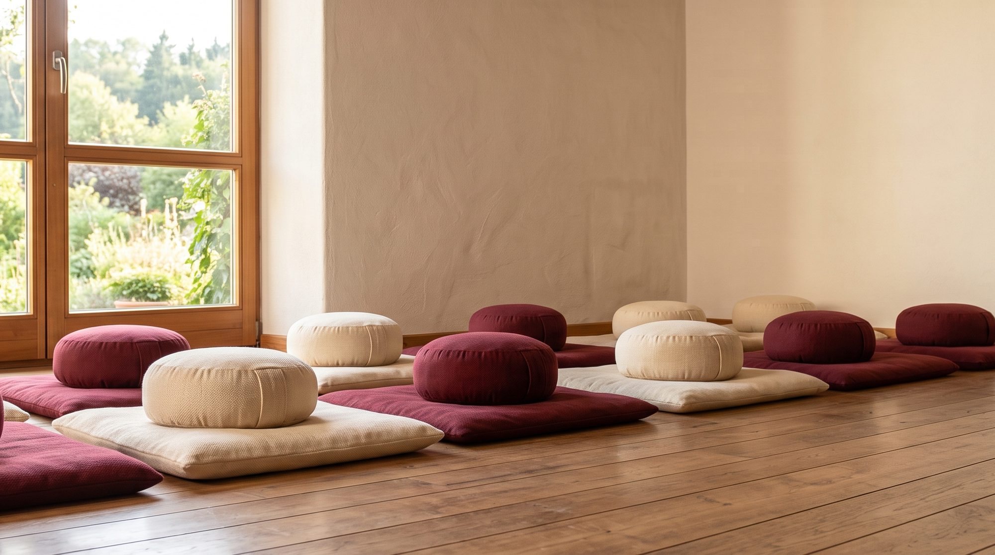 Sala de meditación con cojines granate y beige sobre suelo de madera