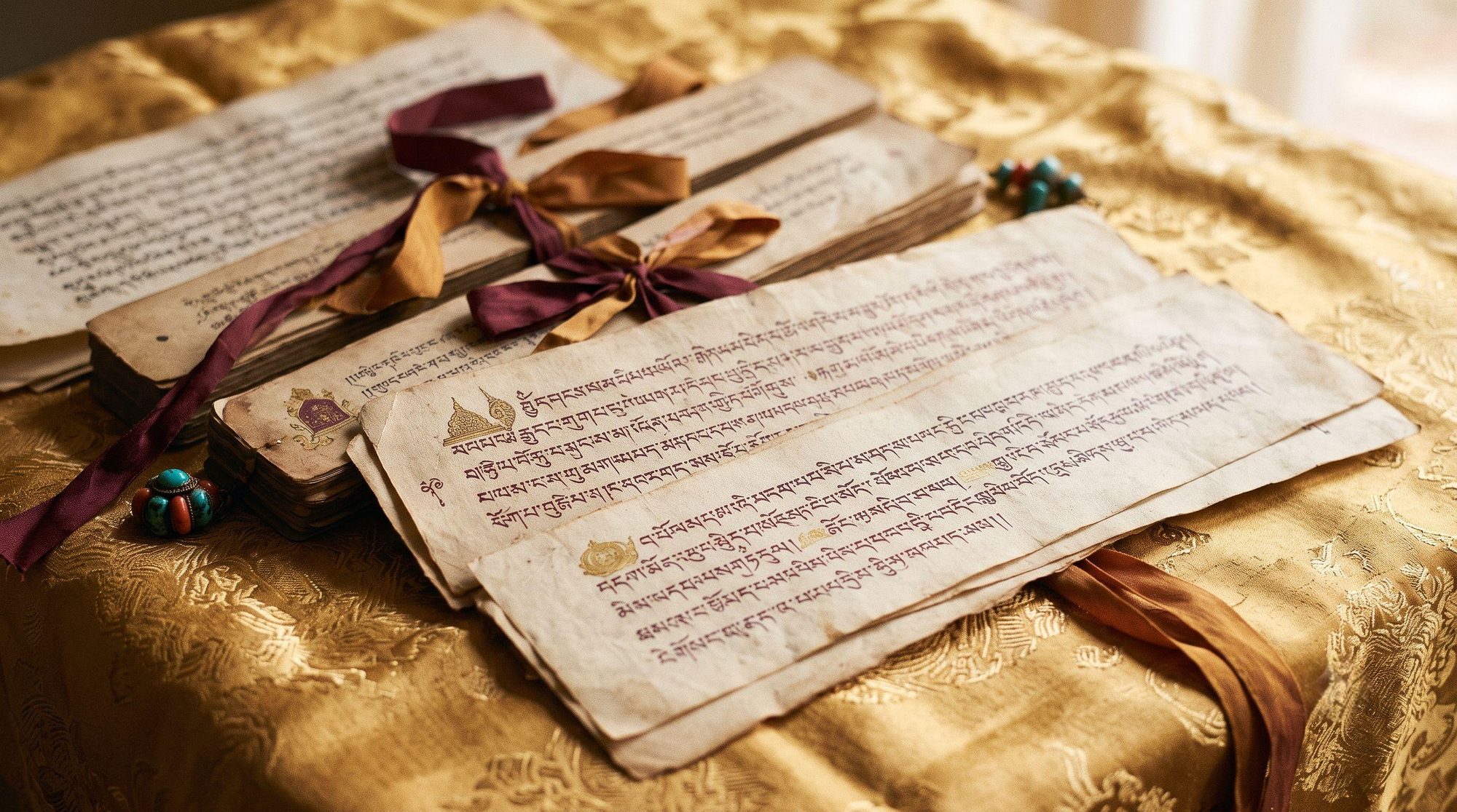 Manuscritos tibetanos sobre tela dorada con cintas de seda