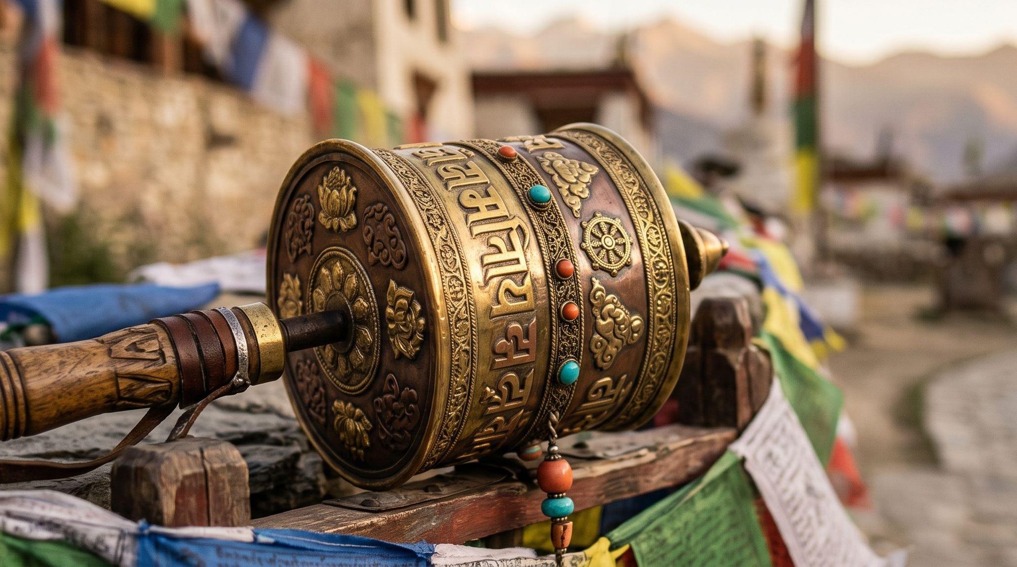 Rueda de oración tibetana de bronce con banderas de plegaria