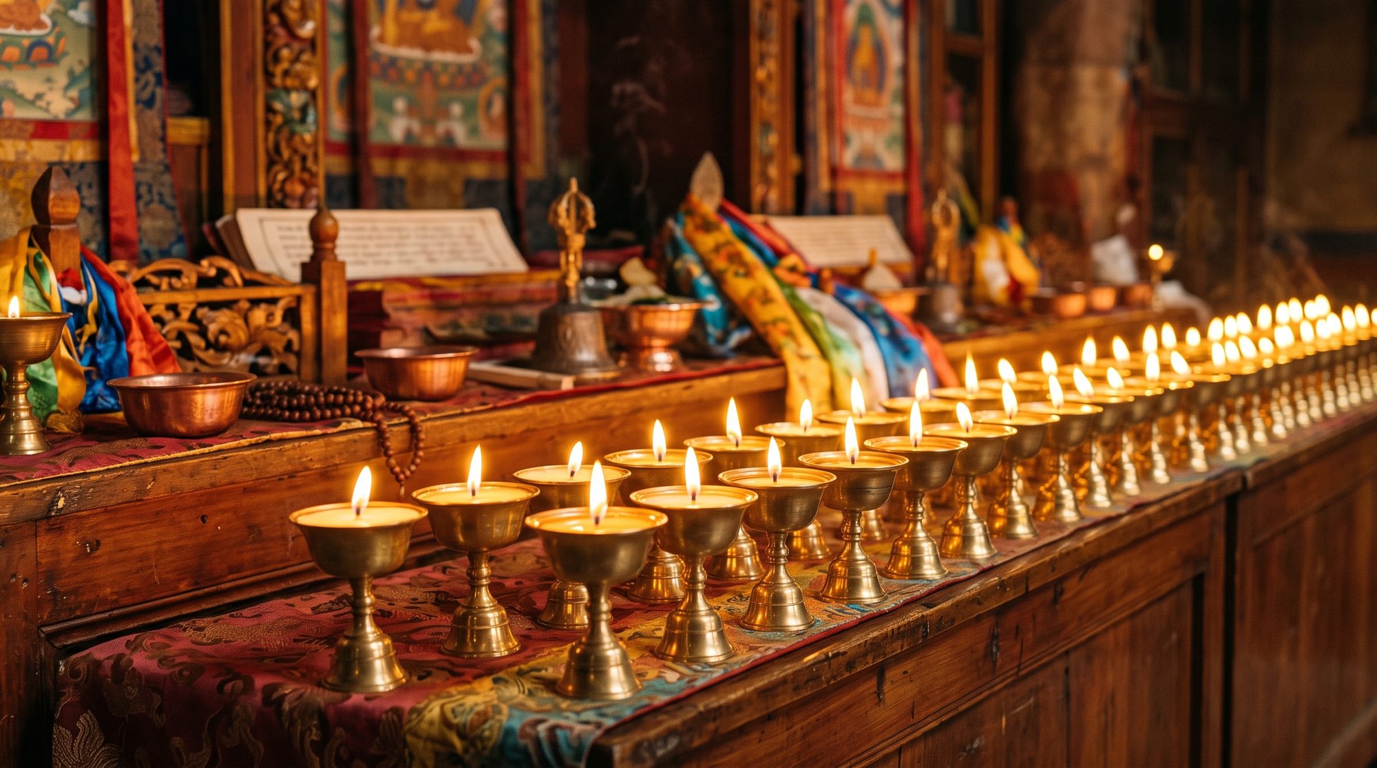 Altar tibetano con velas de mantequilla y ofrendas en copa dorada