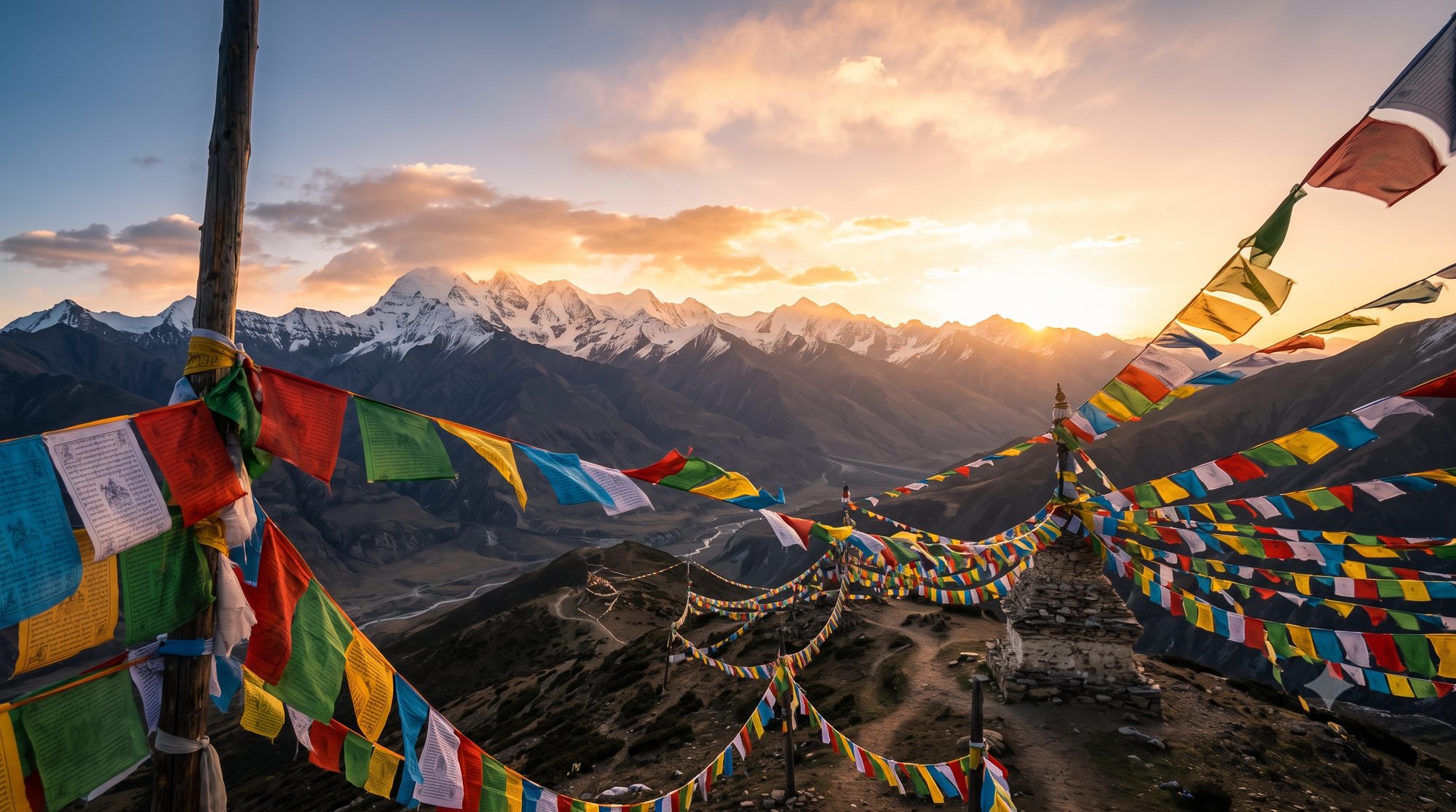 Banderas de plegaria tibetanas con montañas nevadas al atardecer